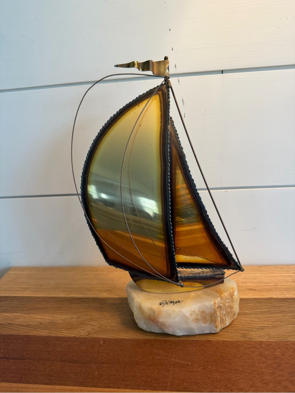 Vintage DeMott Art Metal Sailboat Sculpture on Quartz Base Signed